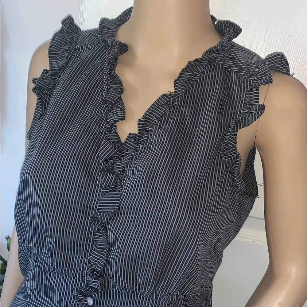 Y2K Denver Hayes grey black pinstripe sleeveless ruffle shirt top M - Picture 2 of 10